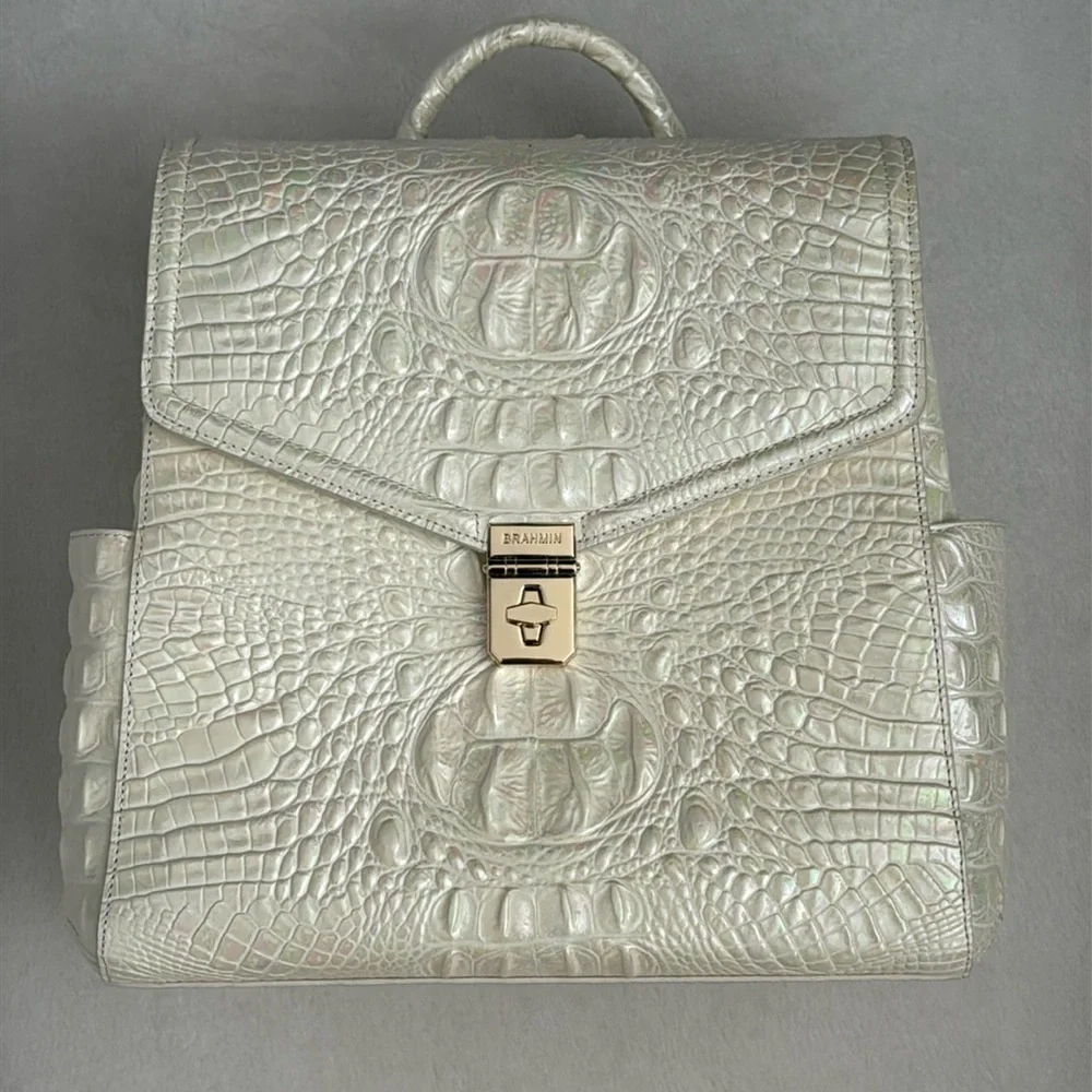 Brahmin | Liz Milk Melbourne Iridescent Croc Convertible Leather Backpack Purse - Picture 14 of 14